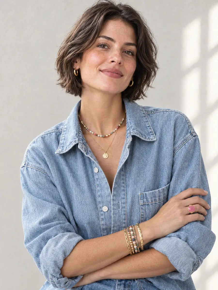 KI-generiertes Modelbild: Frau im Jeanshemd mit gestapelten Armbändern und Ring